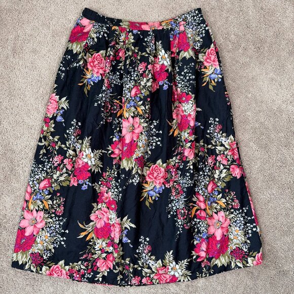 F A Chatta Ltd Skirt Womens 8 Black Pink Dark Floral Vintage Made in USA Midi - Picture 1 of 9